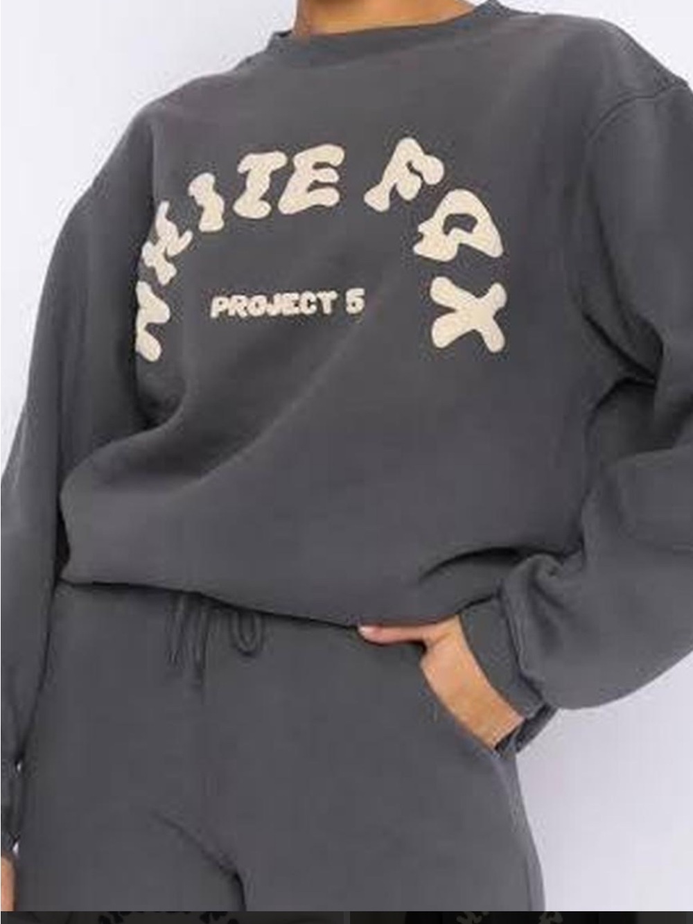White Fox Boutique Charcoal Crewneck with Cream Logo